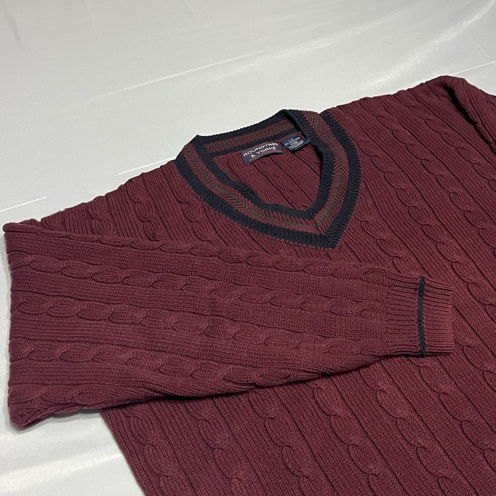 Vintage 90s Tennis V-Neck Sweater Mens Large Maroon Cable Knit Striped Preppy